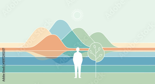 A person meditating under a tree in a serene mountain landscape with a tent and sunset.