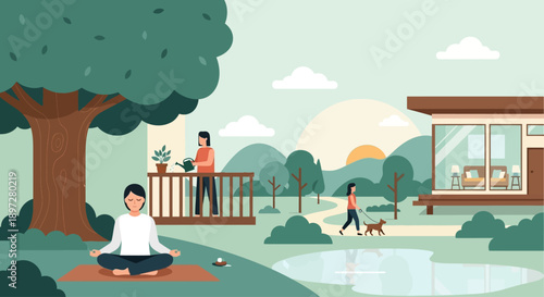A serene outdoor scene depicting people enjoying various peaceful activities like yoga, gardening, and walking a dog near a modern house and a large tree.