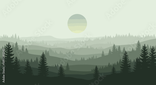 Misty forest landscape with layered green hills and a pale sun rising above the trees.
