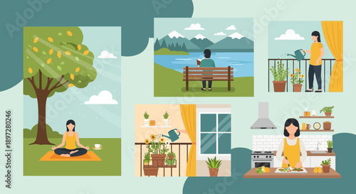 A collection of illustrations depicting various relaxing activities such as yoga, reading by a lake, gardening on a balcony, and cooking in a kitchen.