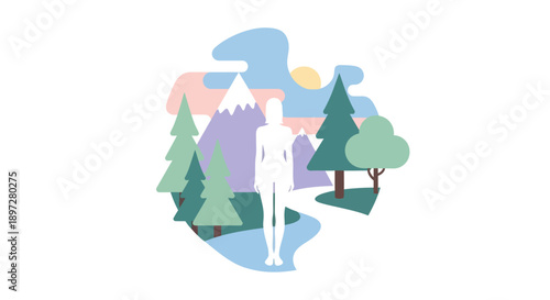 A stylized illustration of a person standing in a serene natural landscape with mountains and trees.