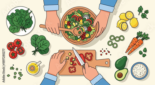 Overhead view of two people preparing a fresh, healthy salad with various vegetables and ingredients on a light background.