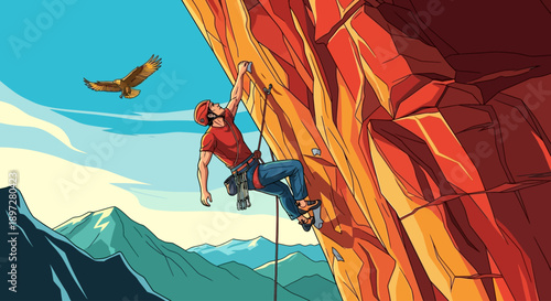 A determined rock climber ascends a steep, sun-drenched cliff face with a bird soaring in the background.