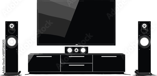 Modern home theater system with flat-screen TV, speakers, media console, audio setup, vector illustration for entertainment and interior design