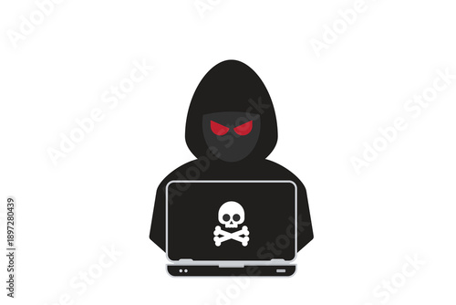 Hacker at laptop icon. Flat illustration of hacker at laptop vector icon for web design	