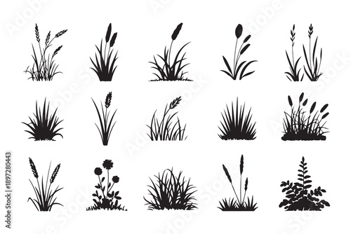 Black silhouette collection of different garden shrubs and grass patches for landscape architecture