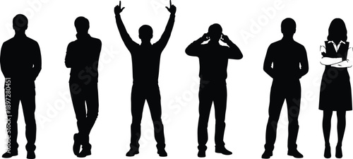 Set of six standing human silhouettes in various poses, body language gestures, casual stances, vector illustration for design and analysis