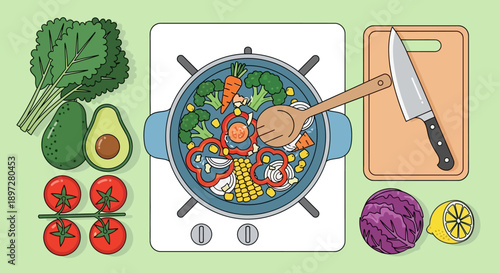 A top-down view of a colorful assortment of fresh vegetables and ingredients being prepared for cooking in a pot on a stovetop.