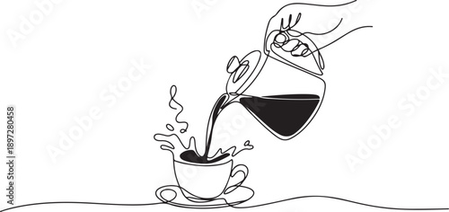 Continuous one line drawing pouring cup of black coffee creating splash. Coffee spilling out of cup. Pour coffee into porcelain glass with steam cup. one line Icon drawing