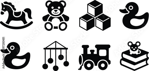 Baby toy silhouette icon set featuring teddy bear duck train blocks rocking horse nursery vector illustration