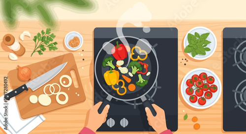 Overhead view of a person cooking a colorful medley of fresh vegetables in a frying pan on a stovetop, with ingredients like onions, garlic, and herbs nearby.