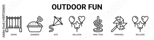 Outdoor Fun web banner icon vector illustration concept with icon of swing, sandbox, kite, balloon, ring toss, and pinwheel.