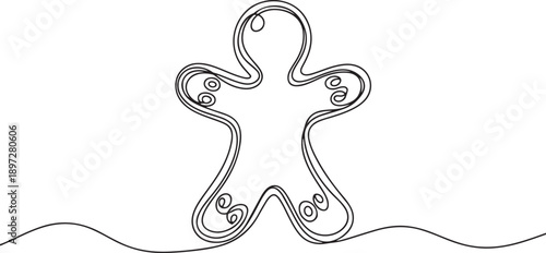 Continuous one line drawing gingerbread man icing. Cookie in shape of man. Illustration for winter holiday, cooking, new year's eve. Swirl curl style. one line Icon drawing