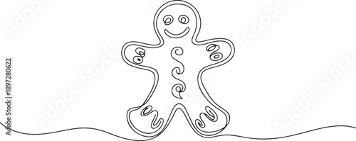 Continuous one line drawing gingerbread man icing. Cookie in shape of man. Illustration for winter holiday, cooking, new year's eve. Swirl curl style. one line Icon drawing