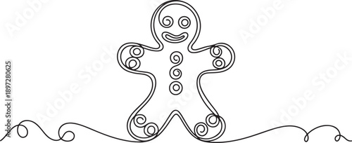 Continuous one line drawing gingerbread man icing. Cookie in shape of man. Illustration for winter holiday, cooking, new year's eve. Swirl curl style. one line Icon drawing