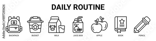 Daily Routine web banner icon vector illustration concept with icon of backpack, bucket, milk, juice box, apple, book, and pencil.