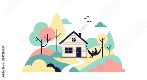 A cozy wooden cabin nestled in a vibrant, stylized landscape with rolling hills and colorful trees.