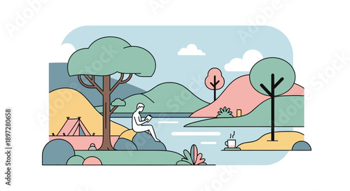 A person sits by a serene lake, enjoying a peaceful moment amidst rolling hills and lush greenery, with a tent nearby.