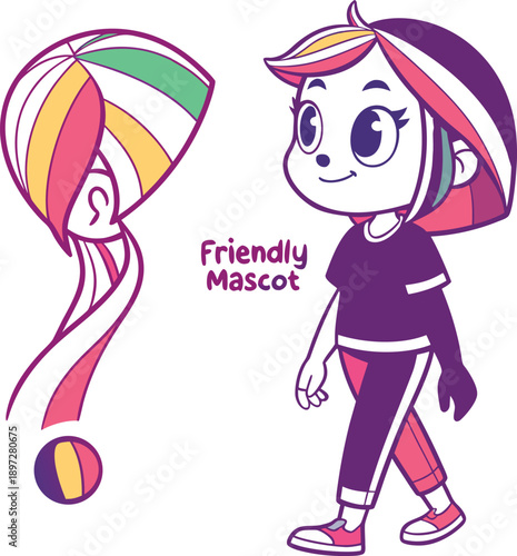 cartoon illustration of a little girl with pink hair holding a ball and toy