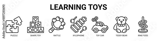 Learning Toys web banner icon vector illustration concept with icon of puzzle, shape toy, rattle, xylophone, toy car, teddy bear, and ring toss.