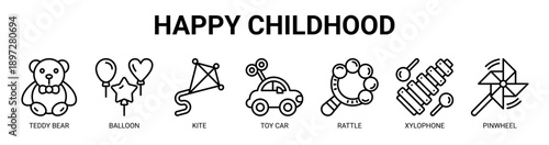 Happy Childhood web banner icon vector illustration concept with icon of teddy bear, balloon, kite, toy car, rattle, xylophone, and pinwheel. 