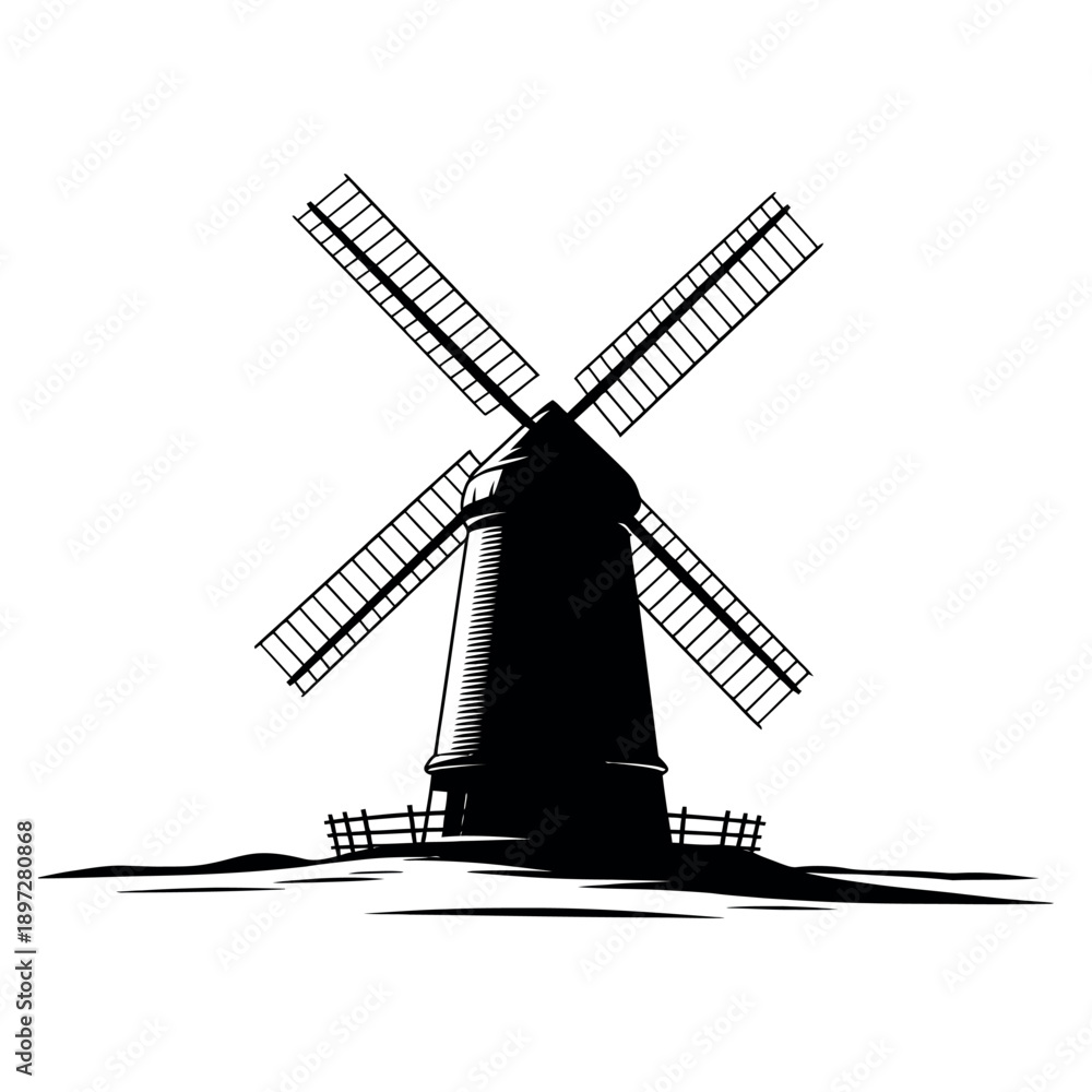 Obraz premium Traditional windmill silhouette standing in rural field representing sustainable energy and historic agricultural machinery for farm branding and environmental conservation brochures now