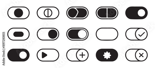 Interface toggle switch icon set including mobile application slider buttons and settings control o