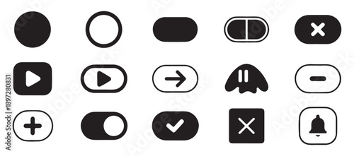 Set of black and white icons including play, stop, arrow, checkmark, and other essential controls