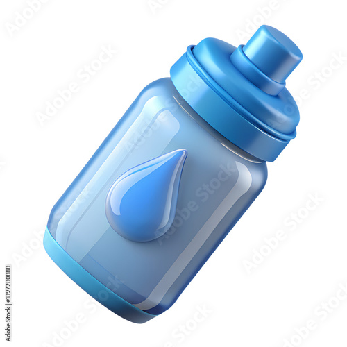 A 3D illustration of a water bottle with a droplet icon on a transparent background from a 45-degree angle.
