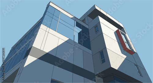 Modern glass office building in the city with blue sky background