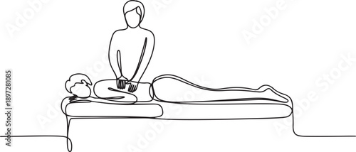Single continuous line drawing man patient lying on the floor masseur therapist doing healing treatment massaging patient body manual sport physical therapy. one line Icon drawing