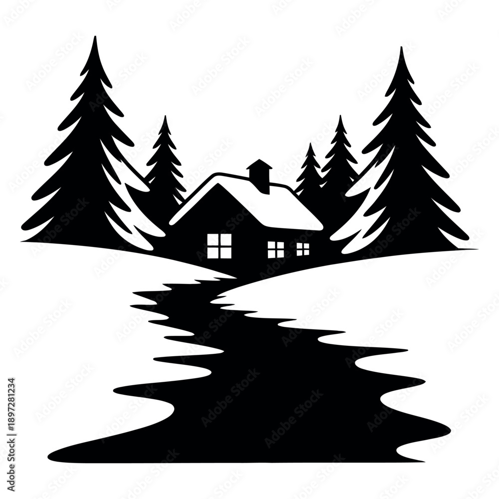 Obraz premium Winter landscape with small house among pine trees and flowing river black white graphic design snowy forest scene tranquil nature illustration