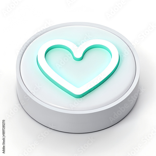 A glowing heart icon on a white circular button is illuminated from within.