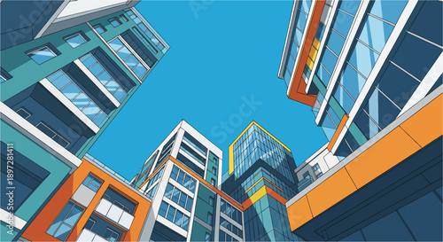 Modern office building with glass facade in a city skyline under a clear sky