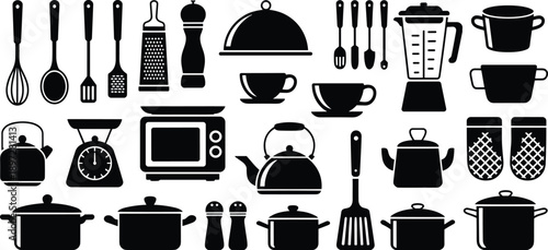 Kitchen and cooking silhouette icon set, cookware utensils collection, culinary tools symbols, black and white flat vector illustration