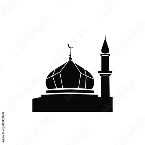 Simplified vector graphic of a mosque, showcasing its iconic dome and minaret structure, perfect for design elements related to Islam, worship, and cultural heritage, a symbol of faith