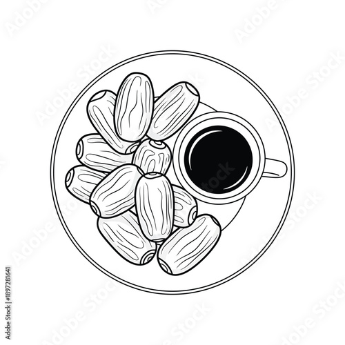 Elegant monochrome line art illustration showcasing a delightful serving of traditional sweet dates alongside a warm cup of coffee, perfect for an Iftar meal or a wholesome breakfast