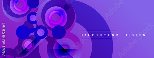 Abstract purple design features overlapping circles, gradients, dynamic shapes. Modern aesthetic suitable for banners, backgrounds.