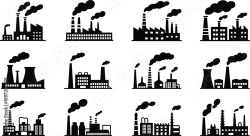 Industrial factory silhouette set, manufacturing plants with smokestacks collection, pollution industry skyline icons, black and white flat vector illustration