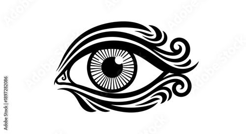 Stylized Eye Icon with Intricate Swirly Patterns, Vision and Mysticism Symbol on Isolated White Background