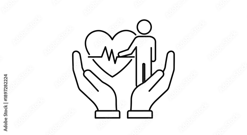 Obraz premium Caring Hands Holding Person Icon with Heartbeat Line, Healthcare and Wellness Concept on Isolated White Background