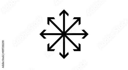 Central Point with Arrows Radiating in All Directions on Isolated White Background