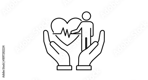 Caring Hands Holding Person Icon with Heartbeat Line, Healthcare and Wellness Concept on Isolated White Background