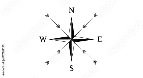 Classic Compass Rose with North South East West Directions and Arrows on Isolated White Background