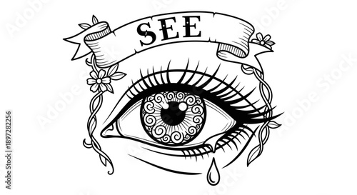 Stylized Crying Eye with SEE Banner and Floral Details on Isolated White Background