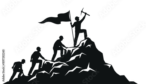Teamwork vector illustration with climbers helping each other on mountain perfect for motivational projects


