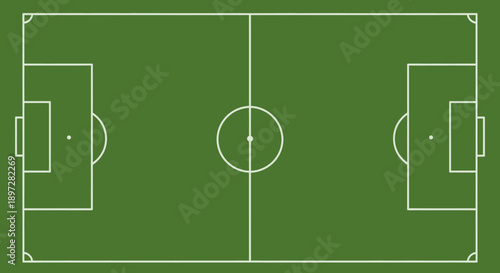 Aerial top view of a green soccer field with clear white markings, prepared for a game, isolated white background.