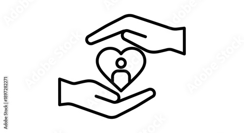 Outline illustration of caring hands protecting a heart with a person inside, symbolizing health and community support, isolated white background.
