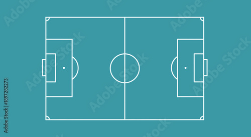 Outline of a soccer field with white lines on a vibrant blue background, illustrating minimalist sports design.