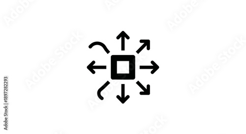 Central square icon with arrows pointing in multiple directions, symbolizing distribution, expansion, and various options, isolated white background.